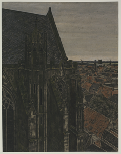28922 Gezicht op het bovengedeelte van het noordertransept van de Domkerk te Utrecht uit het zuidoosten, met op de ...